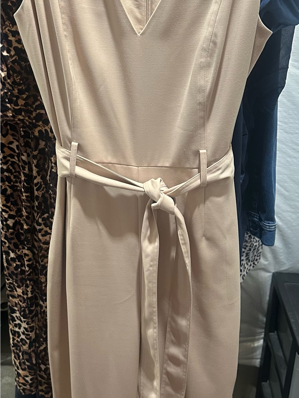 Sleeveless V-Neck Belted Jumpsuit in Light Beige